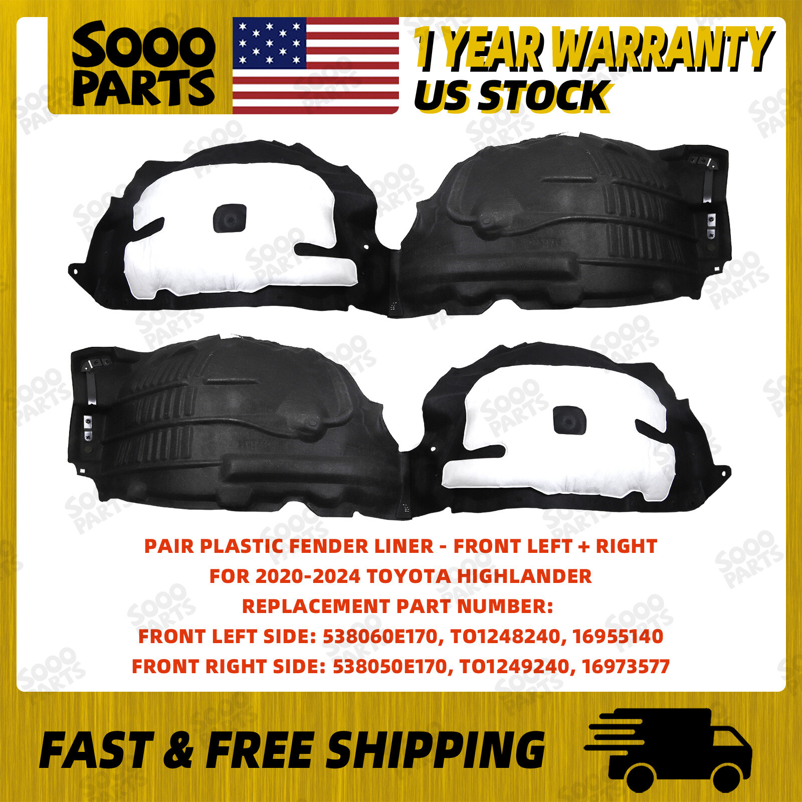 Pair Front Driver & Passenger Side Fender Liner For 2020-2024 Toyota Highlander