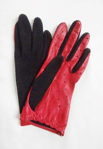 Vintage Late 1960's Red Leather & Black Knitted Mesh Driving Gloves Sz 6 1/2 S-M - Picture 3 of 6