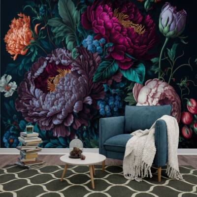 Blühende Pfingstrosen Floral Barock Tapete Wandbild abnehmbar abziehbar abziehen & kleben