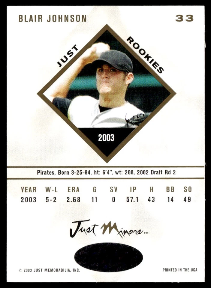 2003 Just Rookies #33 Blair Johnson   Baseball Pirates - Image 2 of 2