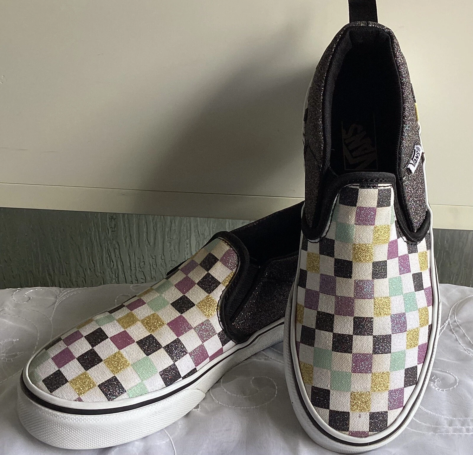 Scarpe slip on glitter a scacchiera Vans Asher taglia 2 5 grandi