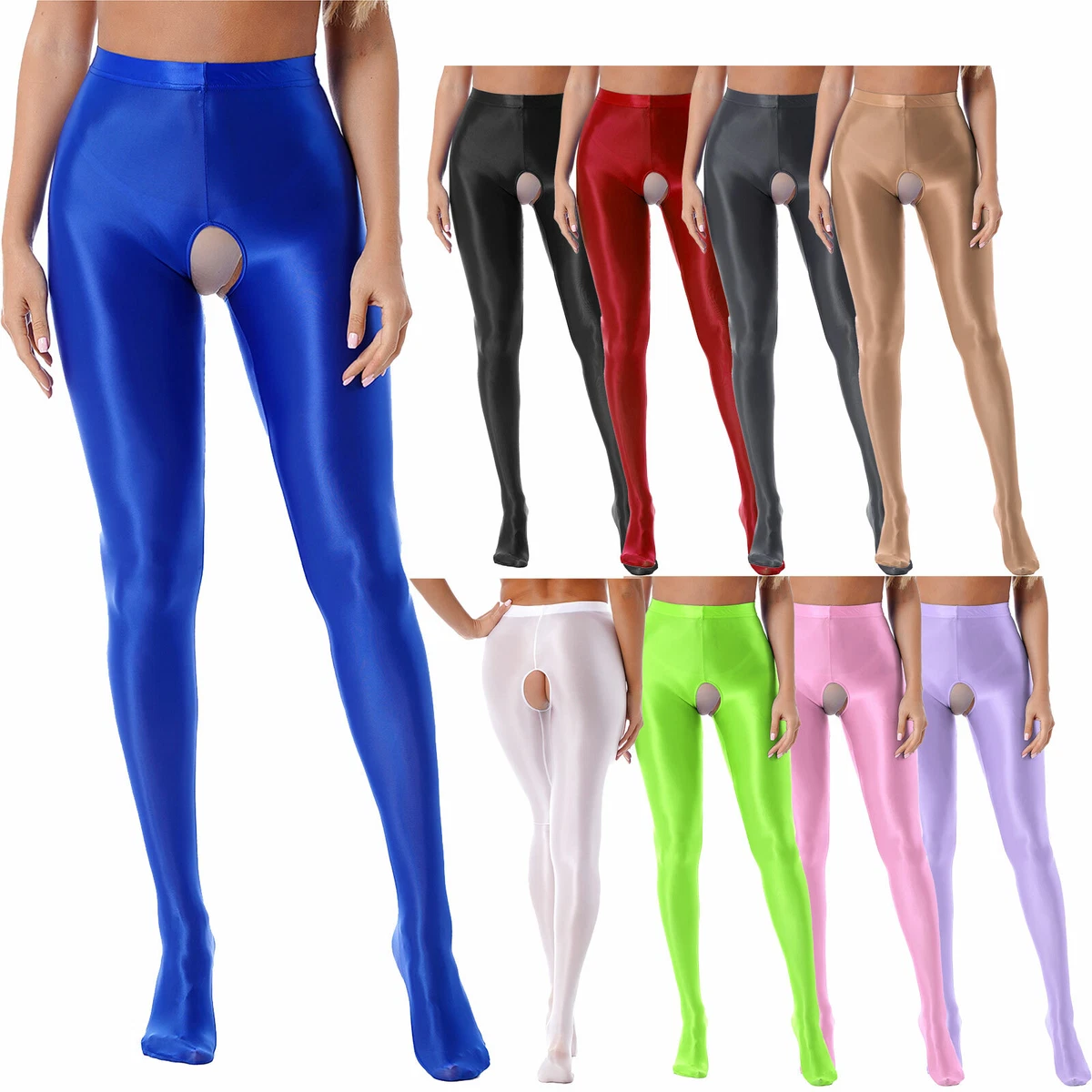 Women Open Crotch Satin Glossy Leggings Shiny Slim Pants High