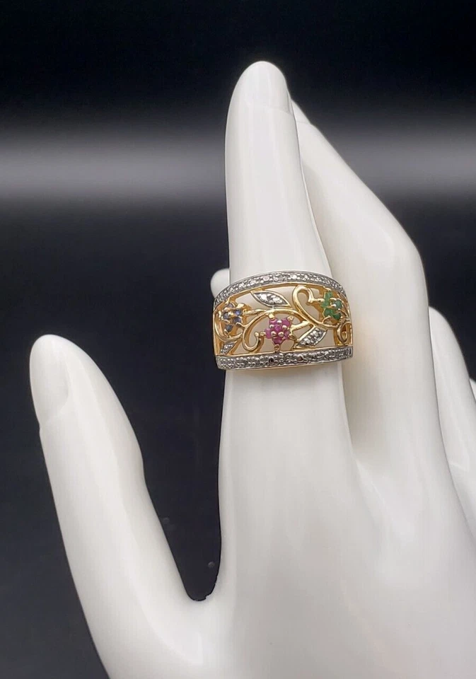 Anel Ross Simons rubi esmeralda espinélio ouro sobre prata esterlina 925 tamanho 7,75 - Imagem 2 de 4