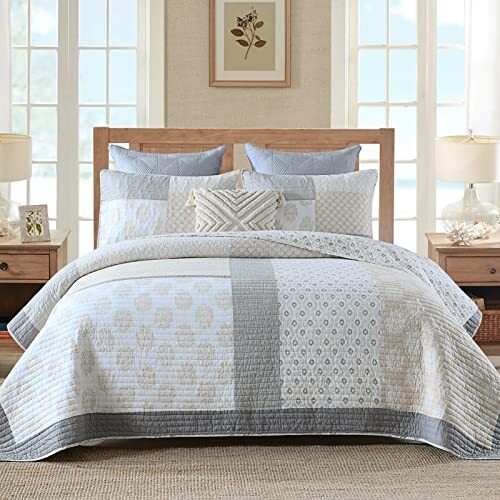 Quilt Set Queen Size 100 Cotton Queen Queen (90"x98") Moonbeam/Grey