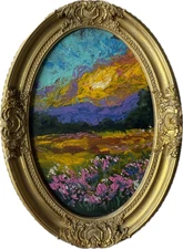 Abstract Painting Landscape Original Art Framed Painting  Sunset Artwork Field