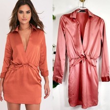 Satin Mini Dress Womens XS 3 Pink Surplice Collared Strawberry PRETTYLITTLETHING