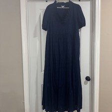 Crown & Ivy Ruffle Neck Navy Tiered Maxi Short Sleeve Dress Women's Large NWT