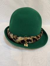 Vtg Frank Olive Green Wool Bowler Hat w/ Leopard Trim  Gold Charm