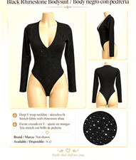 Black Solid Stretch Deep V-Neck Long Sleeve Rhinestone Bodysuit Women s S