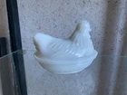 Vintage Small (4 inch) Milk Glass Hen Chicken  On A Nest / Basket