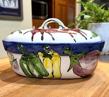 Steve Hasslock TIKA Pottery Majolica Oval Dutch Oven w/ Lid  & Veggies ~  1998