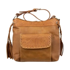 American West Womens Waxed Zip Top Natural Tan Leather Handbag Bag OS