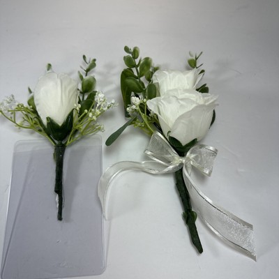 Corsage and Boutonniere Set Cream Ivory Roses Baby s Breath Greenery Handmade