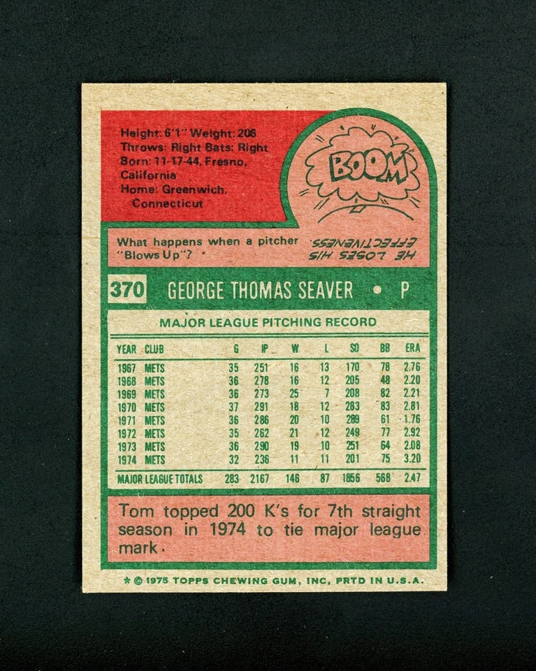 Tom Seaver 1975 Topps (HOF) NY Mets #370 casi nuevo-como nuevo Foto 2 de 2