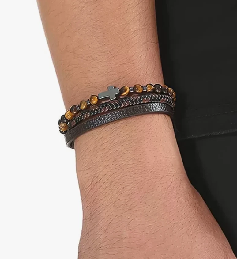 Brazalete brazalete brazalete brazalete de cuero trenzado cruz ojo de tigre para hombre joyería de piedra con cuentas Foto 4 de 4