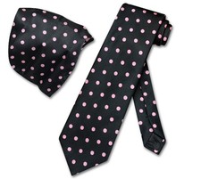 Vesuvio Napoli BLACK w Lt. PINK Polka Dots NeckTie Handkerchief Matching Tie Set