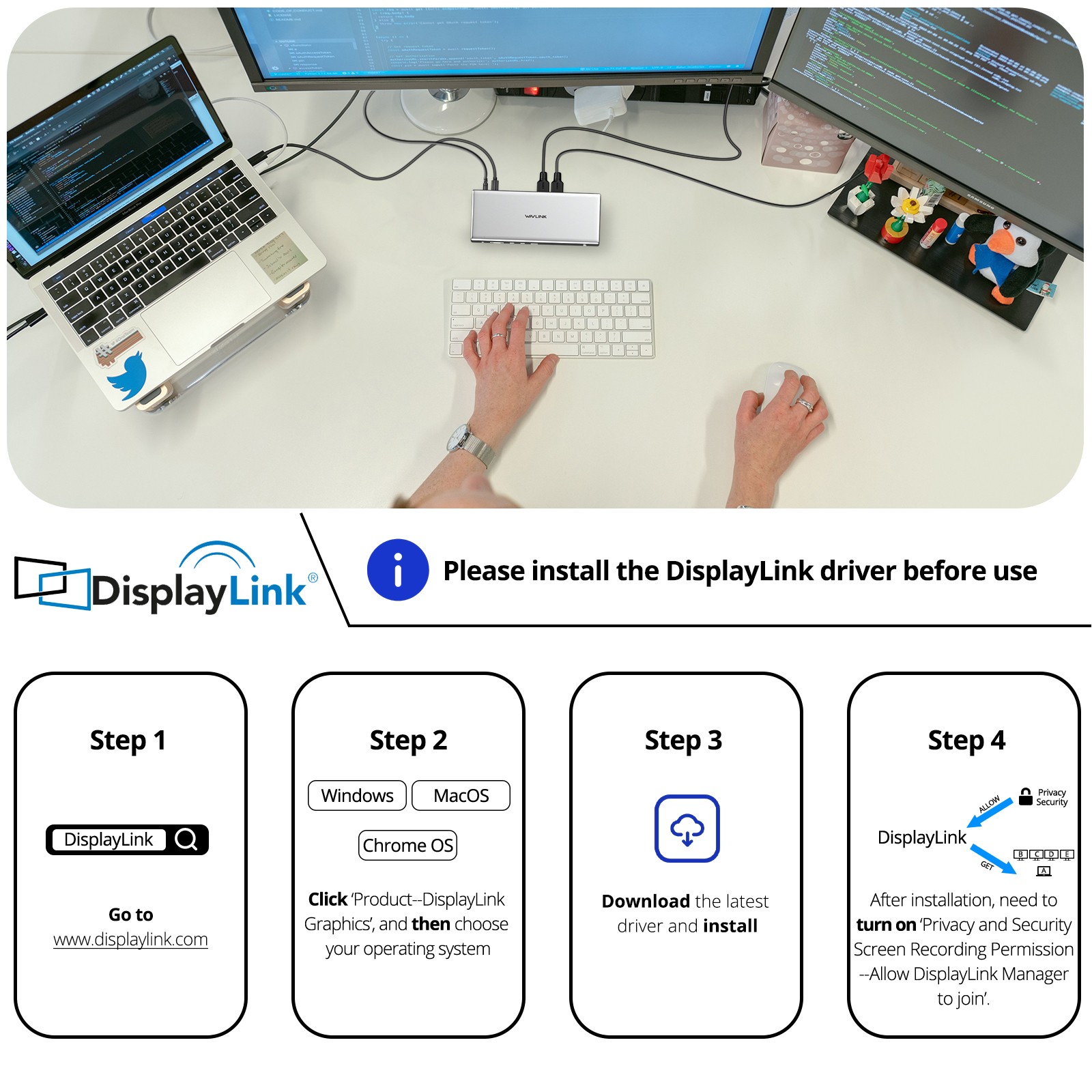 Estación de acoplamiento USB-C WAVLINK para cuatro monitores con 4x HDMI 4K y puerto de carga, imagen 7