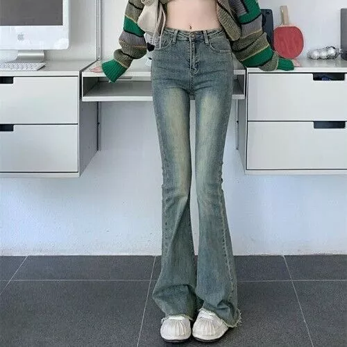 Retro Blue Washed Flare Jeans Skinny High Waist Pants Female Korean Fashion