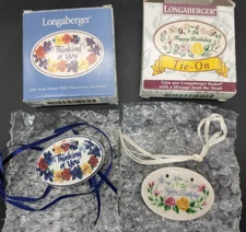 (2) Longaberger Ceramic Tie-Ons, Thank you & Happy Birthday, Vintage 1994 1997
