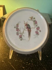 Vintage German #178 Pink Blossoms w/Bird on Branch Tea Tile Trivet w/Stand
