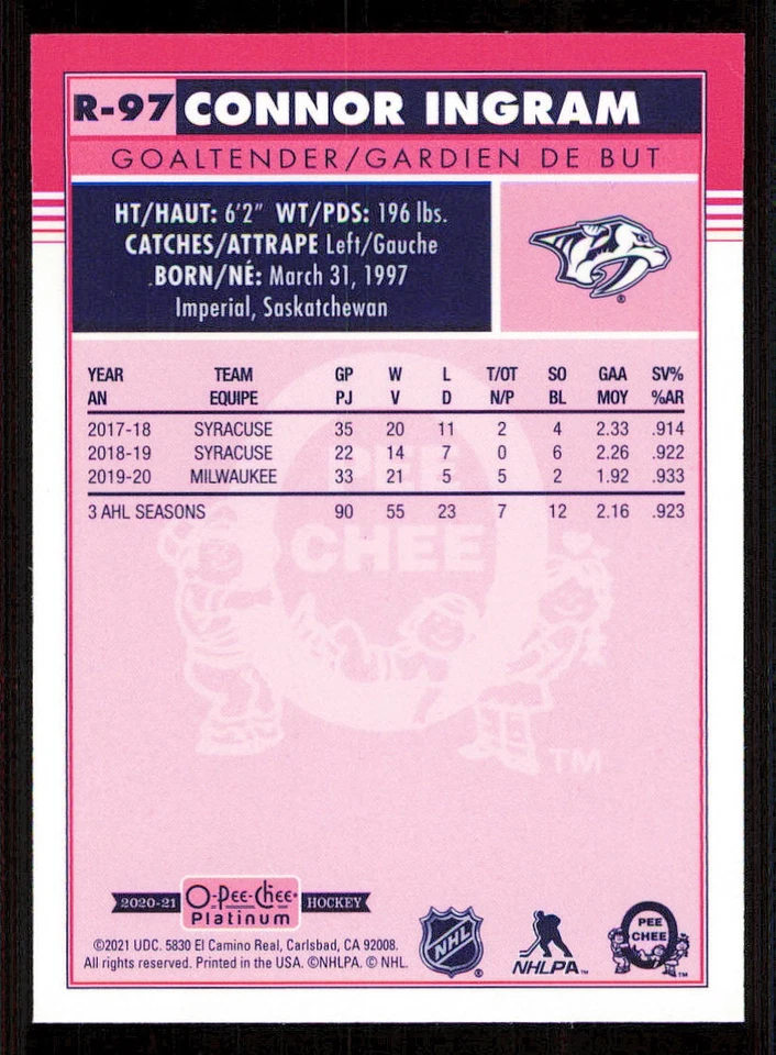2020-21 O-Pee-Chee Platinum Retro #R97 Connor Ingram - Image 2 of 2