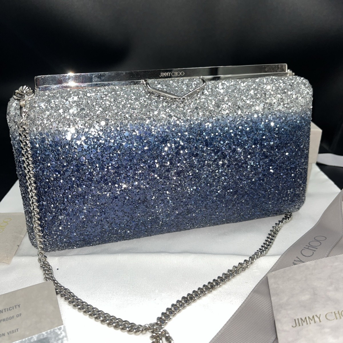 JIMMY CHOO Ellipse Blue Silver Glitter Evening Shoulder Bag Clutch