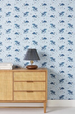 Anthropologie Printfresh Flamenco Wallpaper Single Roll Pale Blue Elephants