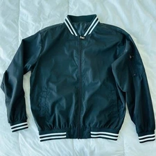 Men's Black BOMBER JACKET - White-Striped Windbreaker Full Zip (size large)
