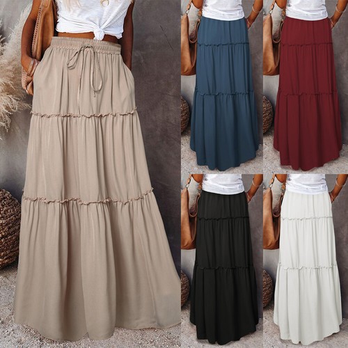 Ladies Boho Maxi Skirt Womens Tiered Panel Party Fashion Long Skirts w/Pockets