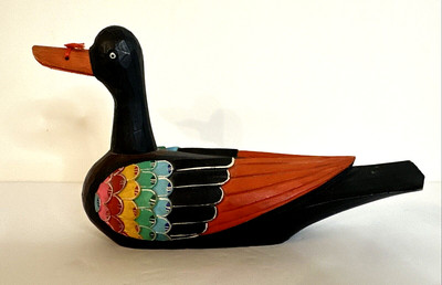 Vintage JAPANESE Wood Decoy Duck Sculpture 9'' Signed Hand Carved & Hand Painted