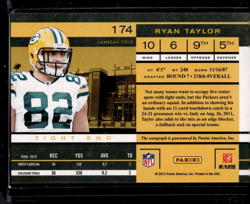 2011-12 Panini Contenders Ryan Taylor #174 Autograph Rookie RC Packers - Image 2 of 2
