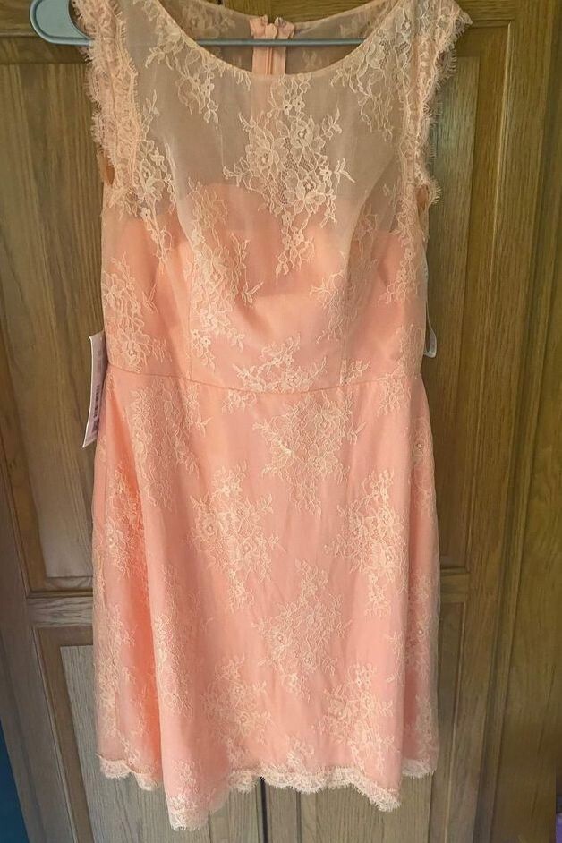 knee length coral bridesmaid dresses Azazie Dress Scoop Neck Full Lace Peach Sz 10 NWT sc_3729
