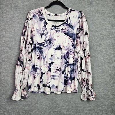 Cupio Women Top Size L Floral Print Long Sleeve Smocked Boho Stretch NEW