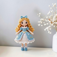 Crochet Pretty Blonde Girl with Blue Dress, Handmade Amigurumi Toy and Gift