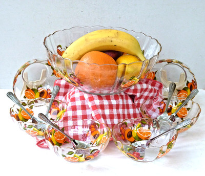 Vintage Glasschalen Obst Dessert Set & Löffel FRANZÖSISCH 70er Jahre