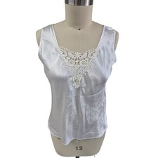 Vtg 80s 90s Escapades Coquette White Satin Camisole Lace Inset White Sz M