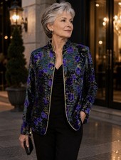 Vtg R K Evenings Velvet Evening Jacket Size 12 Blue Gold Purple Floral Metallic
