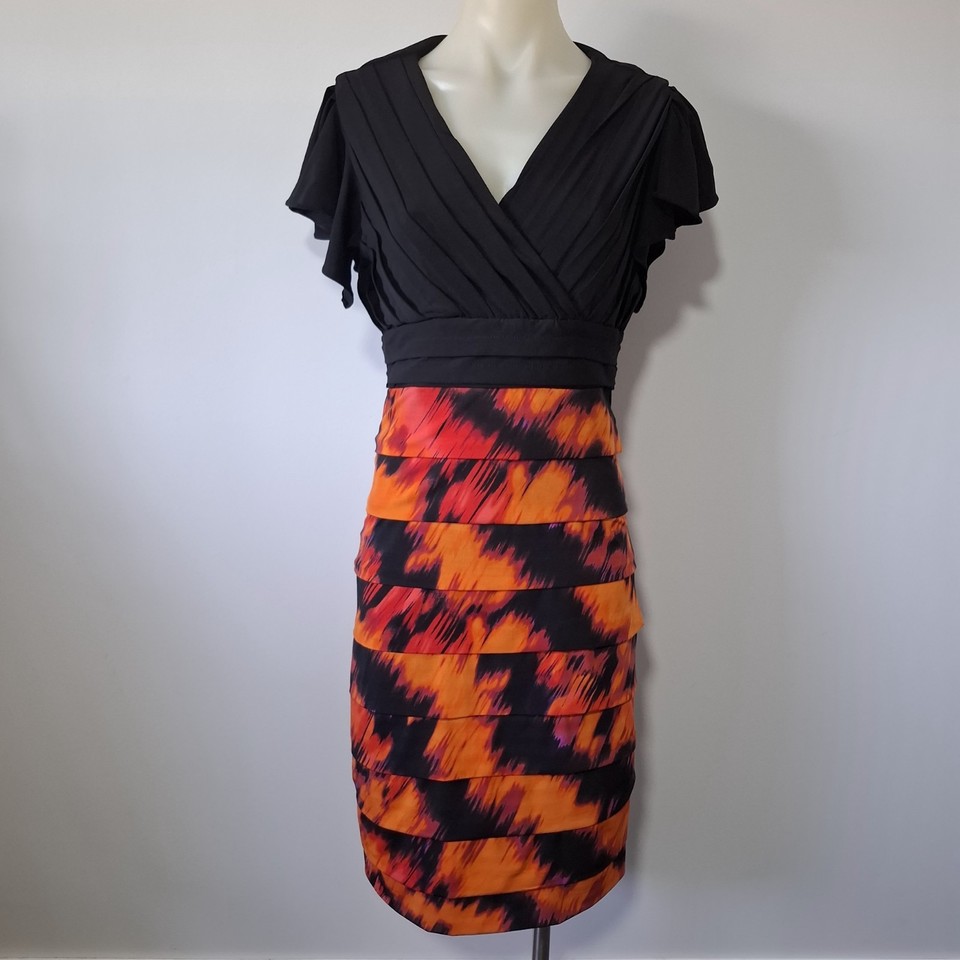 TEABERRY Size 12 Bright Abstract Print Dress tiered skirt faux wrap bodice