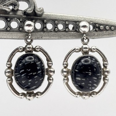 Sterling Silber Stein Ohrringe Schneeflocke Obsidian Hänger Tropfen Cabochon schwarz LSP