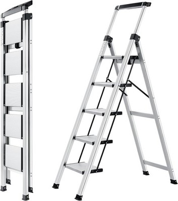 5 Step Aluminum Stool Ladders with Anti-Slip Wide Pedal,330lbs Weight Capacity