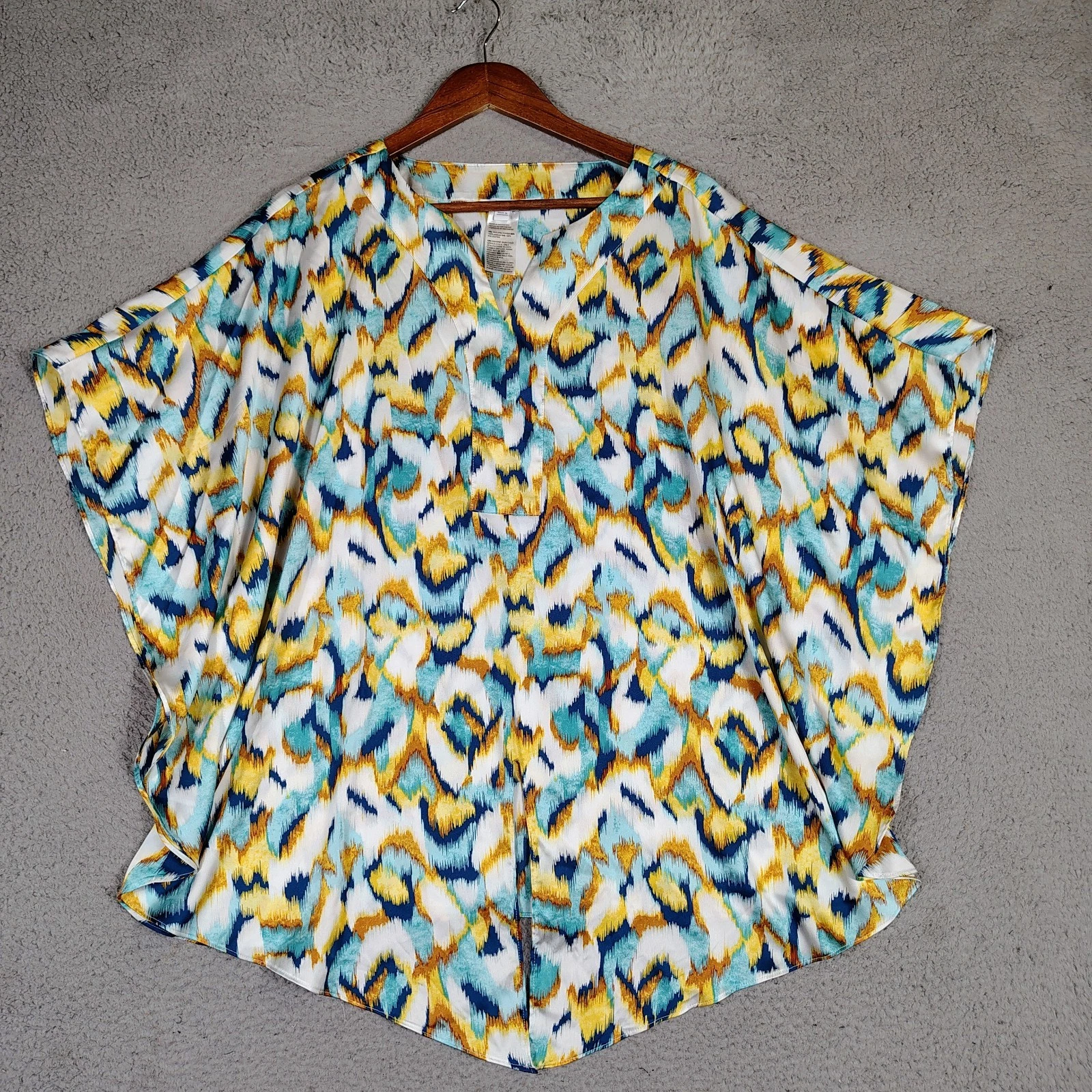 Chico's Poncho Women 3 US 16 Blue White Ikat Print Satin Tie-Front Blouse Artsy