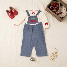 Vtg 80s 90s Health-tex Baby Girl Jumpsuit 24 Mos Faux Denim Cherry Overalls USA