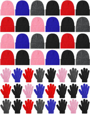 48Pcs Kids Winter Beanie and Gloves Set Bulk Pack Knit Hat Unisex Magic Gloves P