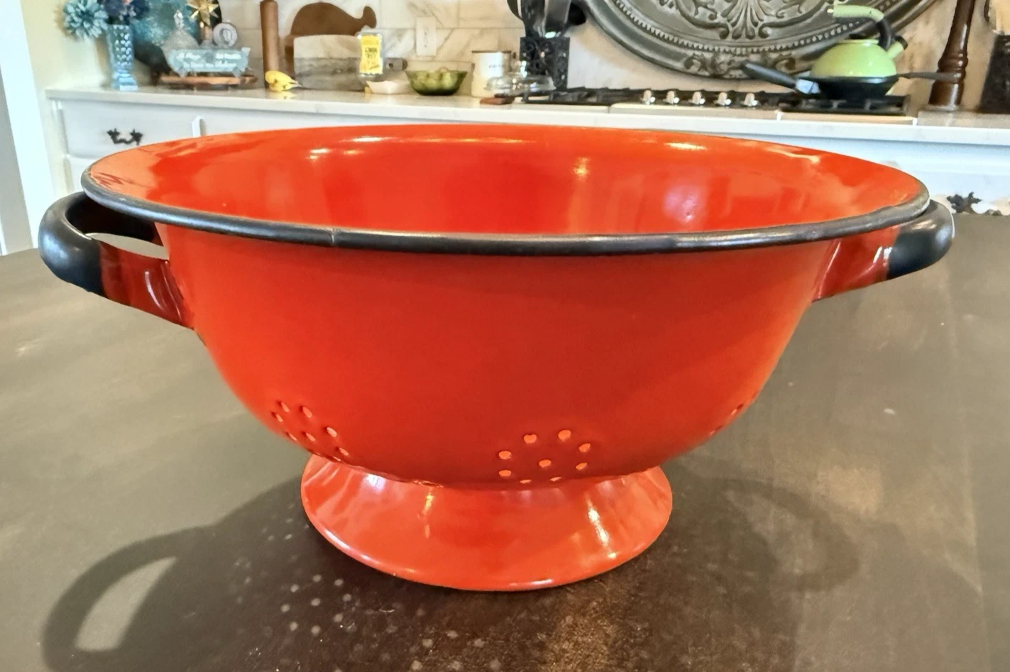 Vintage RED Enamel Enamelware Steel Colander Strainer Huta Silesia Poland HTF