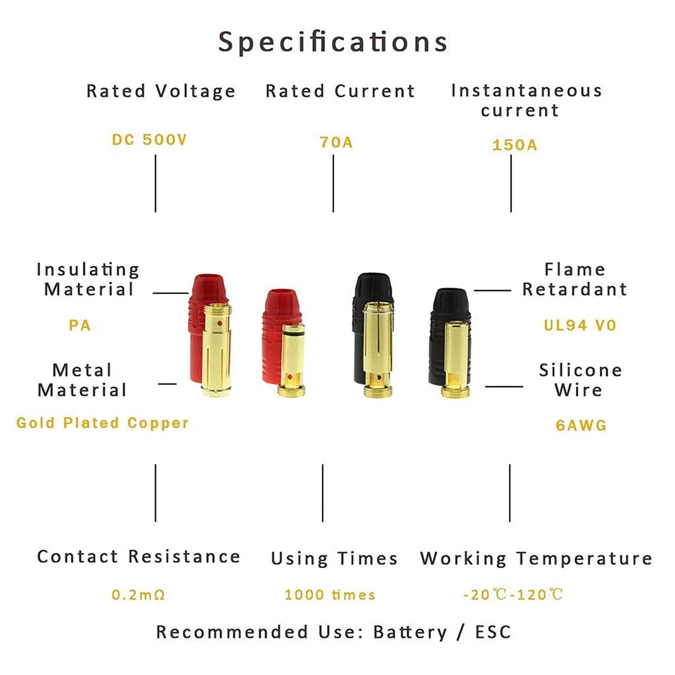 8pcs Amass AS150 7mm Banana Bullet Connector Anti-Spark Gold Plated Male Fema... - Image 2 of 4