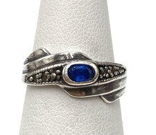 925 Ring Sterling Silver Blue Stone Natural Stone Marcasites Size 6 FLAW 2.87g