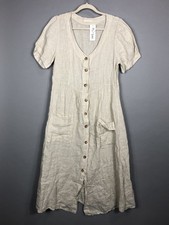 Puro Lino Midi Shirt Dress S/M Beige Button Front Short Sleeve Pockets Italy New