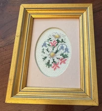 Vintage Gold Framed Hand Made Cross Stitch Art Pink Flowers 6" x 5"