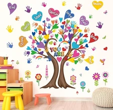 Large Hearts Tree Handprint Wall Stickers Classroom Tree Inspirational Quotes...