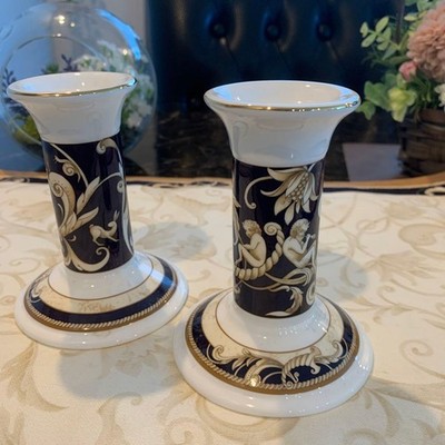 Wedgwood Cornucopia Candle Stand Holder Pair Set of 2 Bone China Rare Pre-owned